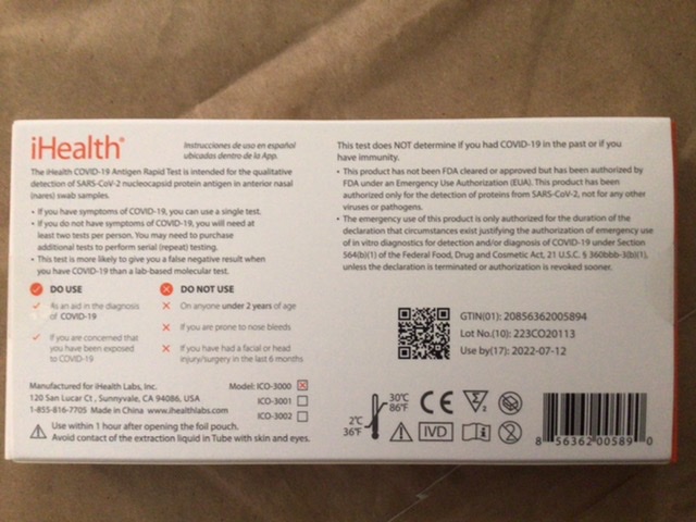 iHealth COVID-19 Antigen Rapid Test back view of the box.