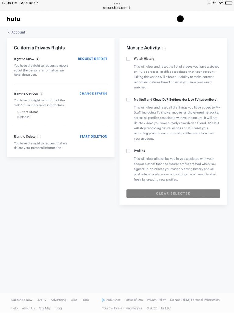 A screenshot of Hulu’s privacy page regarding California privacy rights.