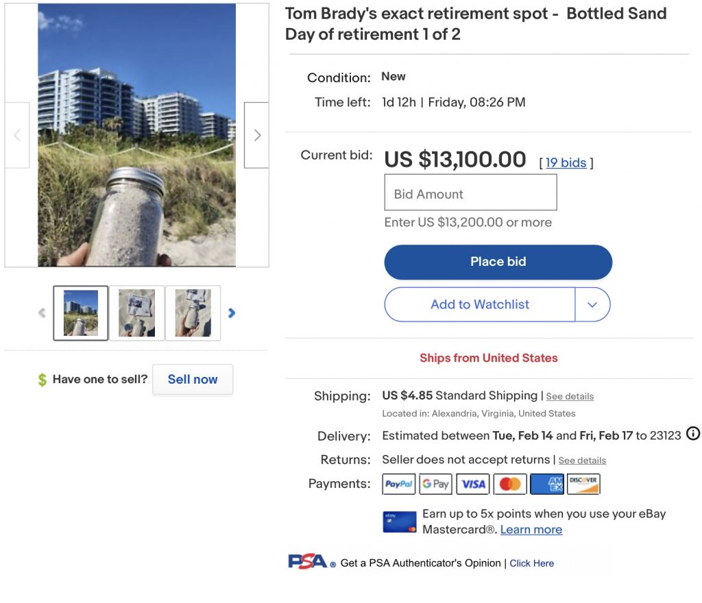 Tom Brady‘s exact retirement spot – bottled sand day of retirement | eBay listing